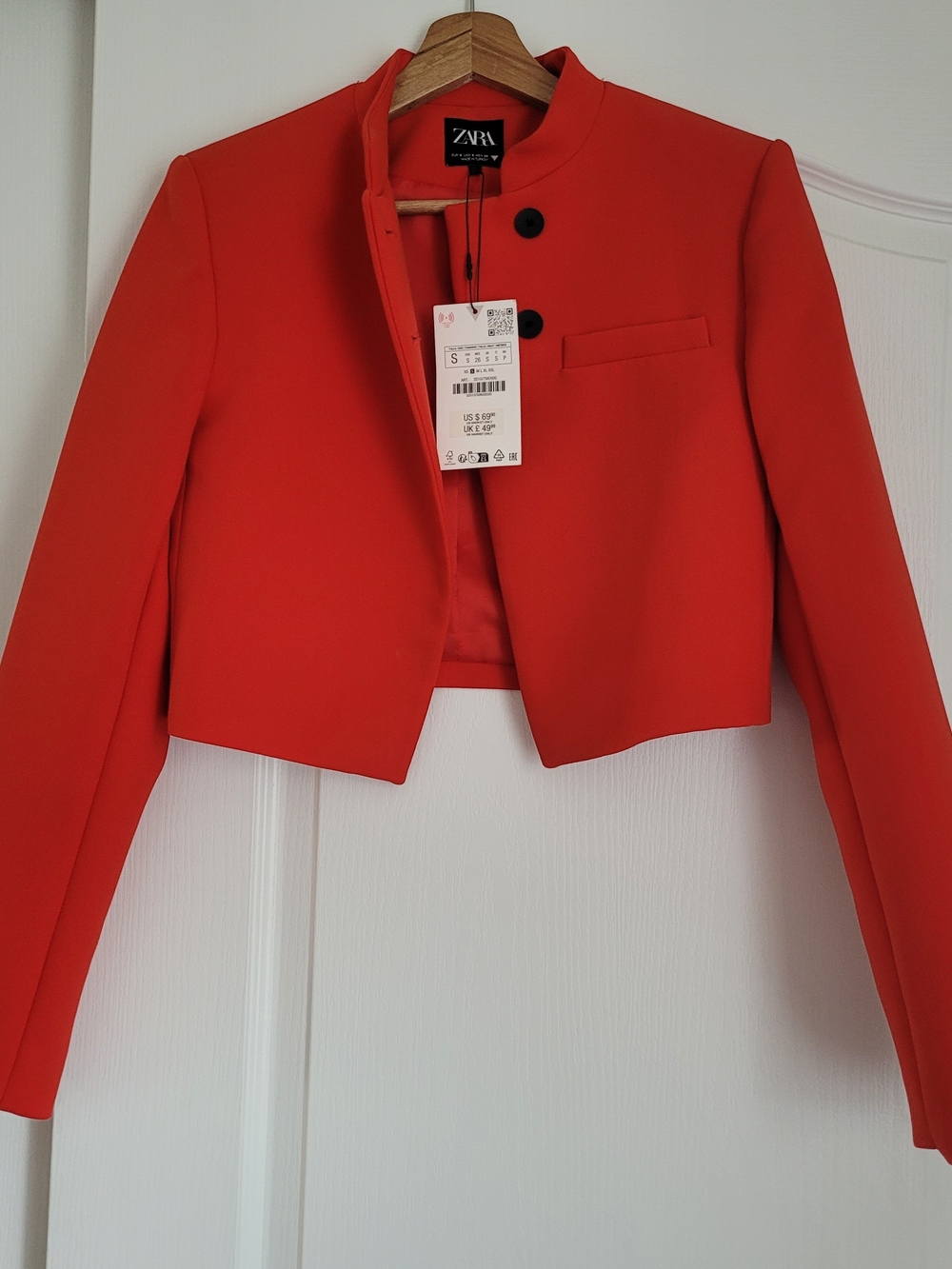 Zara Cropped Red Collarless Blazer Jacket - Picture 3 of 14